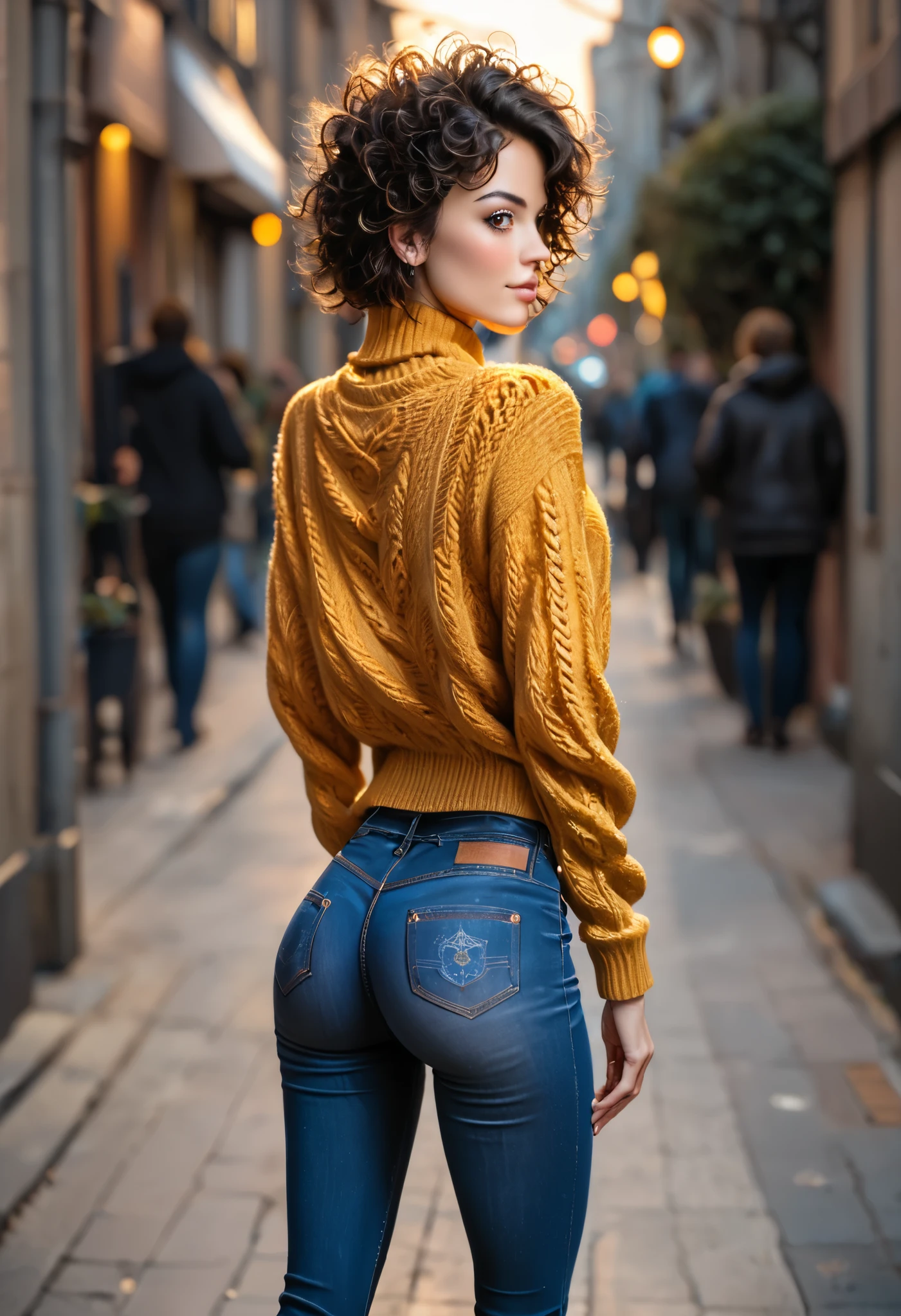 Super Skinny woman, Spanish 38 y.o. model. Whole body, full body, (rear view), buttocks, (tight dark blue jeans), (long wool sweater), (thick thighs, thigh gap), slim skinny ass:1.8, (skinny thick hips),star eye, blush, perfect lighting, short messy hair, black eyes, realistic engine, epic realism, side lighting, (winter outdoor urban scenary), detailed face, hits, shiny skin, bottom, dark light. Ultra real style. Golden ratio