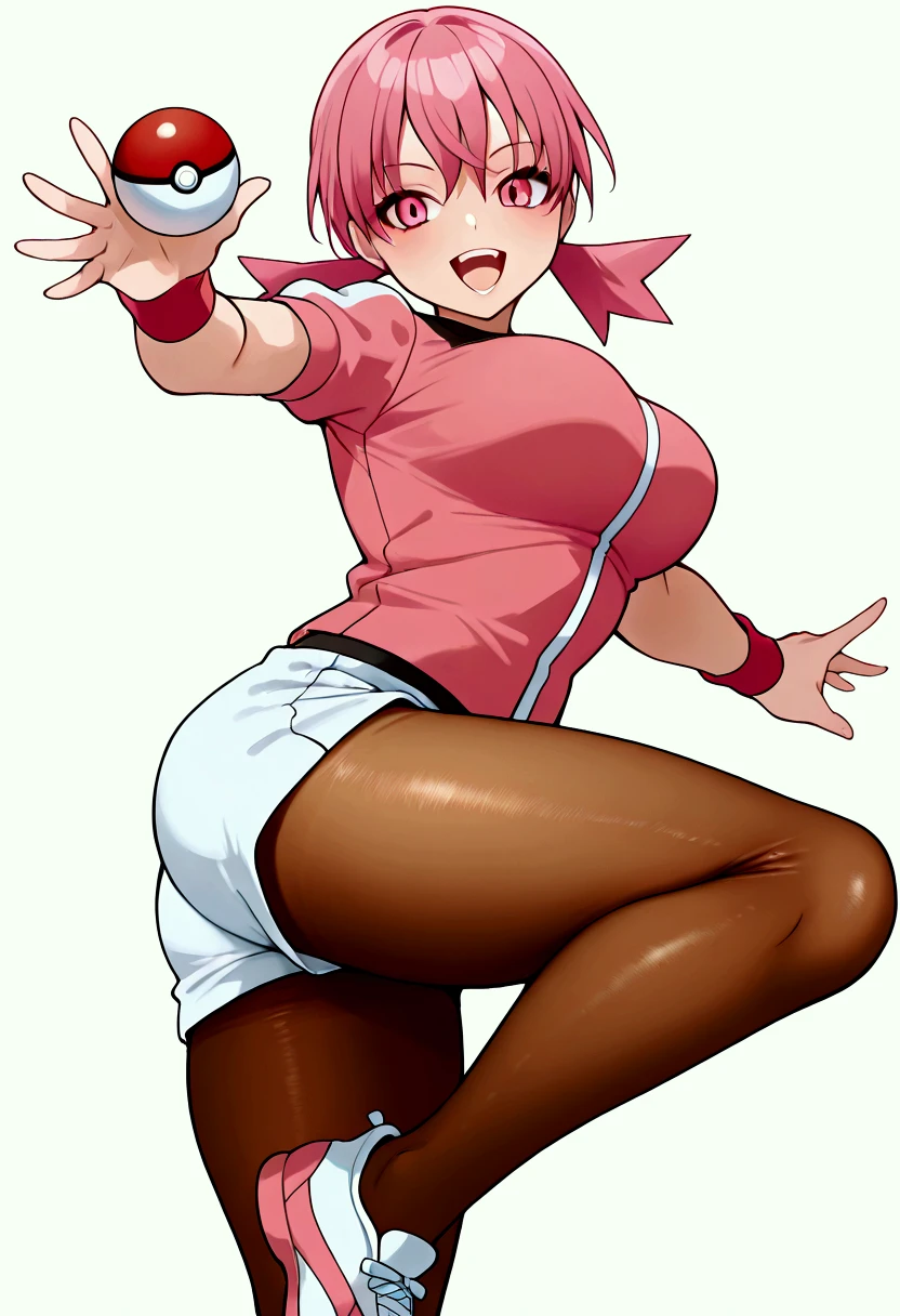 girl, whitney gym leader from pokemon,pink hair, two short pigtails, pink eyes, whitney accurate Outfit, white shorts, blue short calcetines, beauty tights, good shape of buttocks, Pokeball on her hand, smile, open mouth, large breasts, teeth, dynamic pose, dynamic angle, focus on her legs, Milktank pokemon, absurd, perfect, details master pieces,high quality, from the side, feminine, perfect,,sport shoes