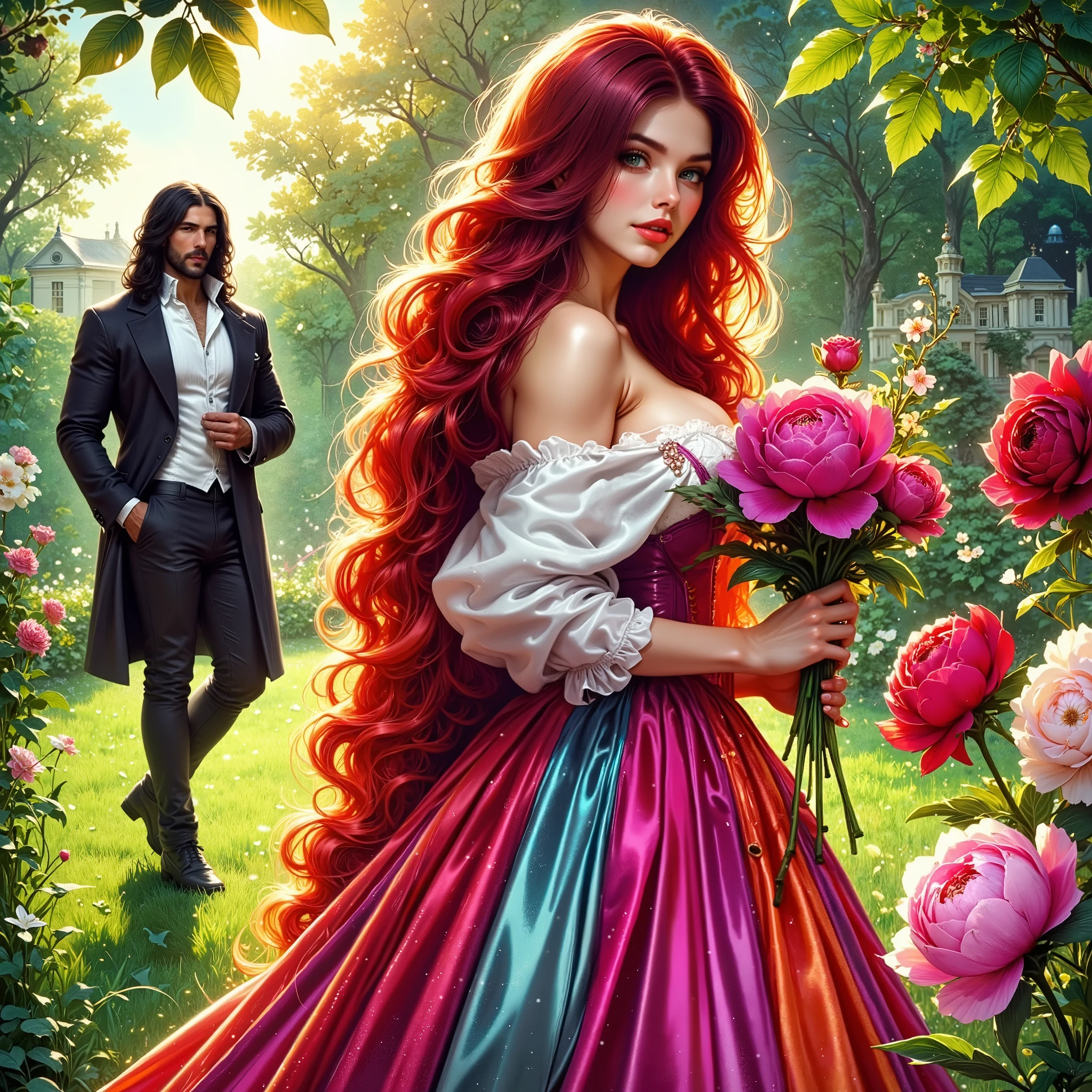  Glossing full-waist Full-body digital realistic illustration . A beautiful 18-year-old flirting woman in a contrasting bright colorful organza and satin satin dress with SHINY STRAIGHT red hair is standing on the grass, holding flowers in his hands. A handsome BRUTAL SEXY man with long black hair looks at her, in a white shirt ,pants and boots , he holds flowers in his hand.  Victorian garden with peonies , england pemberly-manor-palace .  Sunlight illuminates every blade of grass ,leaf, flower. BRIGHT,textural, three-dimensional , bright rich complementary colors .  flowing hair .textural.  correct anatomy proportions .right hands .  Model beautiful faces . The overall color palette is creating a vivid and haunting visual experience. The illustration is rich in detail, with textures that mimic real fabric and stone, enhancing the realism of the scene.