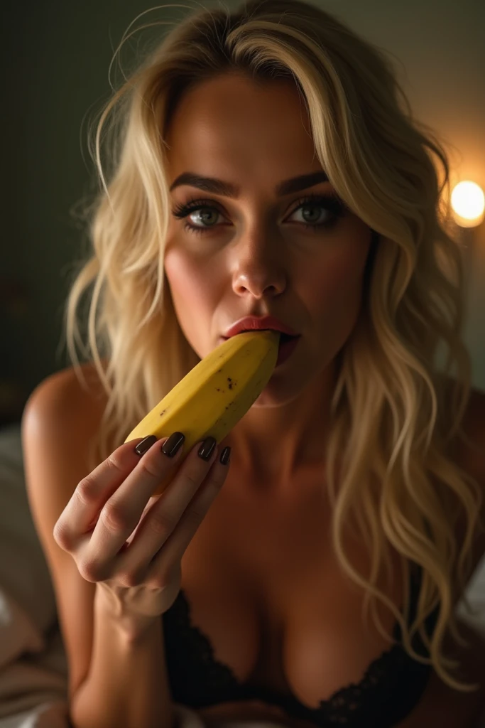 blonde woman, in lingerie, licking a banana with cream on it, iphone photo quality, hyperrealistic