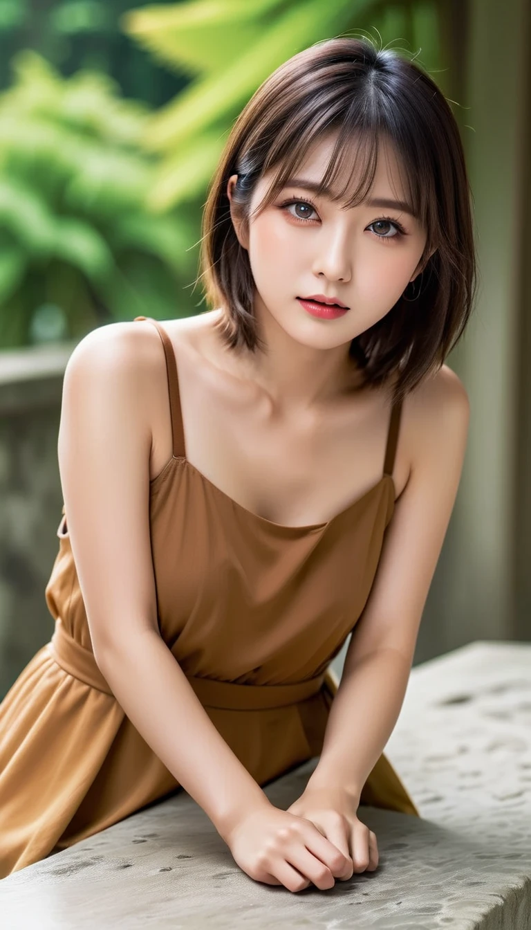  Japanese girl 、knees(reality: 1.4),    Japanese Beauty  、  camisole dress、 Very beautiful big eyes in a chair 、 (  brown eyes)、   has long eyelashes、   detailed face   、( embarrassed face:0.8), (:0.9)、Gloss Lip,  、   staring at the camera 、   serious expression、  Looking Ahead  、   shorthair 、  brown hair、Sea view、  Nogizaka Idol、actress、20 years old、   small breasts、   wet skin、baby face、    moist and realistic skin texture sitting in a chair  、  Damp Belt   、Natural Shadows、 (  clevis on a stone  :1.5), ((( table top,  more details,  in fine detail))), ((( high resolution, 8K wallpaper,  perfect dynamic configuration、No blur)))