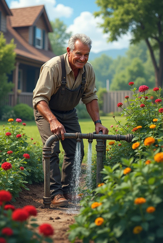 An American man is watering his garden with water pipes in front of his house
