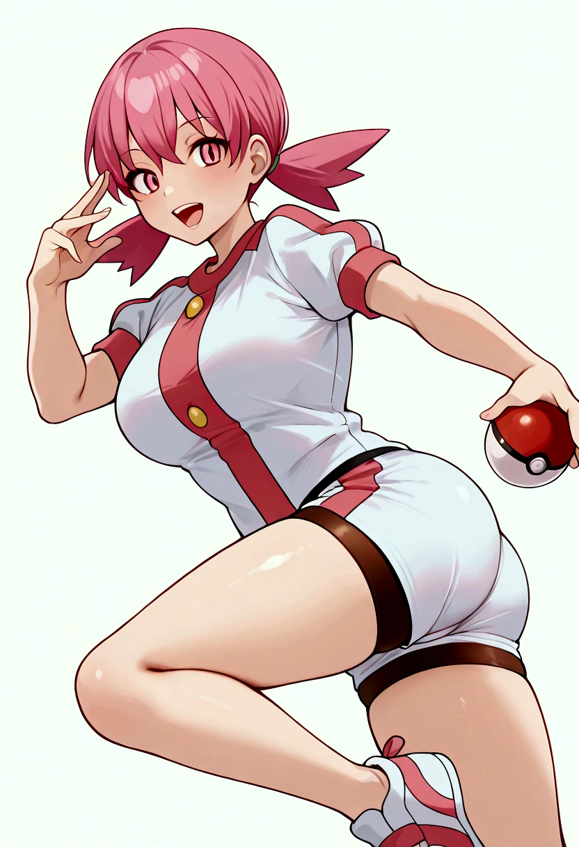 girl, whitney gym leader from pokemon,pink hair, two short pigtails, pink eyes, whitney accurate Outfit, white shorts,bare legs, beauty tights, good shape of buttocks, Pokeball on her hand, smile, open mouth, large breasts, teeth, dynamic pose, dynamic angle, focus on her legs, Milktank's whitney, absurd, perfect, details master pieces,high quality, from the side, feminine, perfect,,sport shoes