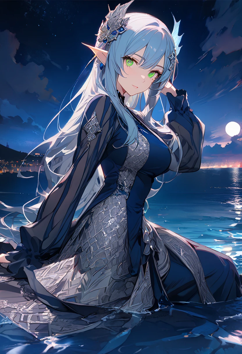 masterpiece, best quality, 8k ,4k , female, adult female, ((1 female), (fin ears), (slight blue hair), (long hair), (bright green eyes), (hair ornament), (finely detailed eyes and detailed face)), looking at viewer, ((night blue gown), (silver patterned clothes), (neat clothes), (formal adult clothes), (fantasy clothes)) sharp looks, on top of water, sea background inspired by Asukaziye artist : ask, art style : ask