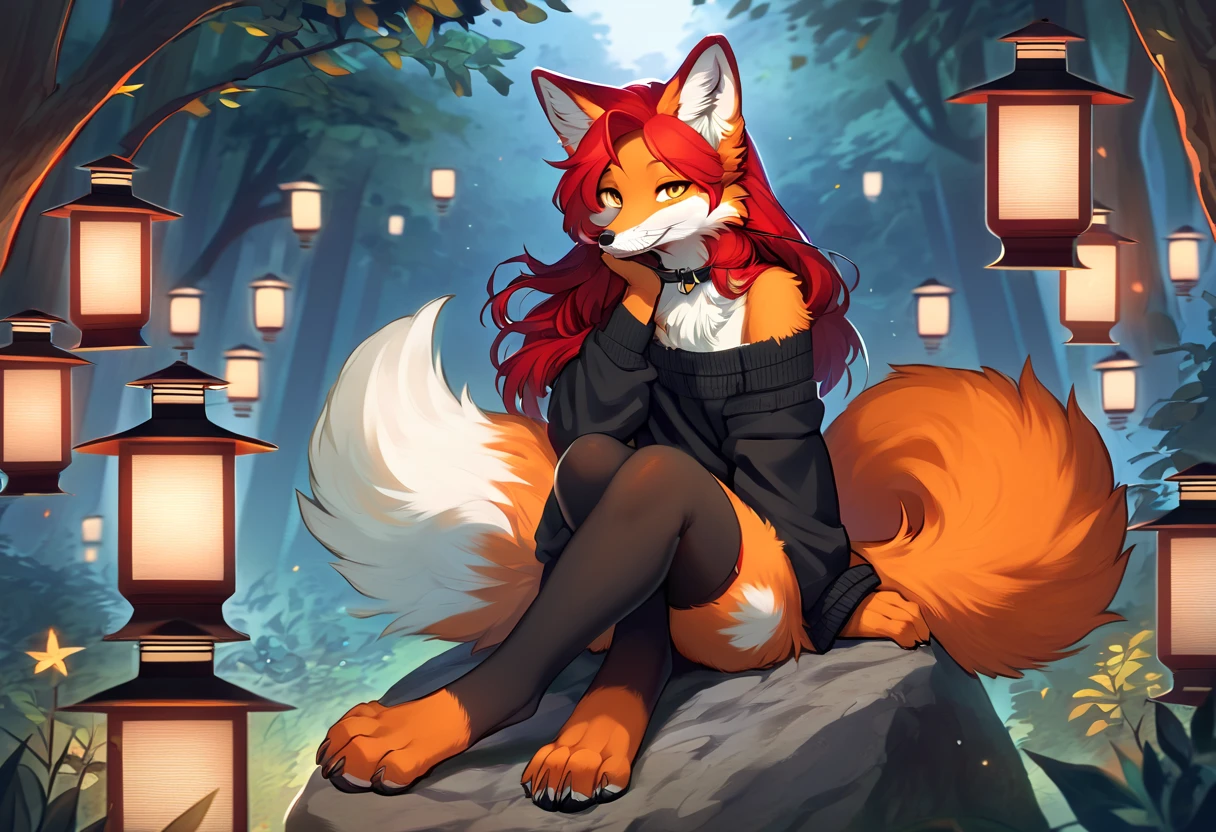 full body、Solo、score_9、 score_8_up、 score_7_up、unpralleled masterpiece、perfect artwork、highres、Elegant、Mysterious、Detailed、 Beautiful、Voluptuous、moody atmosphere、fox、kitsune、cute vixen、anthro、orange fur、(kemono、furry anthro)、(long hair、beautiful hair、dark scarlet red hair)、yellow eyes、(tuft of fur)、(digitigrade、claws、fox paws、exposed feet)、(foxy whiskers)、fluffy tail、(heavily shaded orange body、dark black shading on body)、(light smile、soft smile、smiling cutely)、wearing (Black simple stylish thigh highs、Black crop off shoulder sweater)、(in a forest、boulder、lantern)、looking at viewer with adoration、on knees、on a boulder