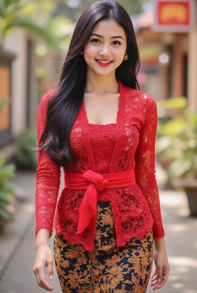 beautiful indonesian mix with japanese girl, black long hair, red kebaya, red lipstick, big butt, big breast, bodacious body, walking in the bali street, smile