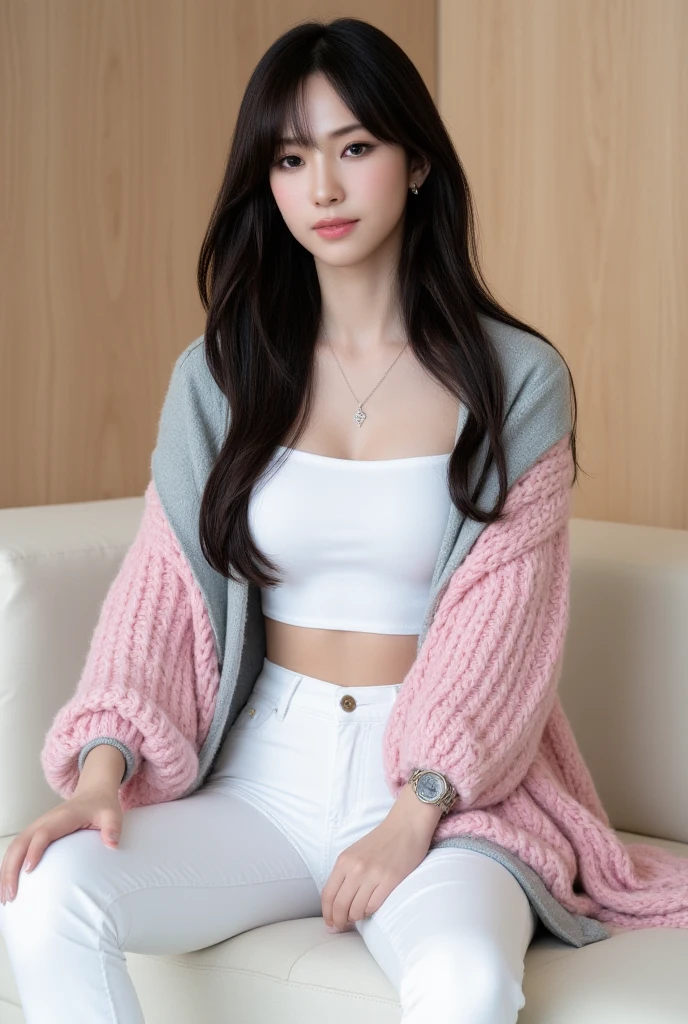 Ultra realistic photography of Korean female model with oiled porcelain skin with big breast, with very long wavy black hair. toned abs, She has facial aesthetic of kpop singer NingNing from Aespa. The woman's skin has a natural texture and visible pores.  Golden hazel iris, The depth of field is shallow.  sitting casually on a cream-colored sofa in an indoor setting. She is wearing a soft, pastel pink shawl with a
light gray inner lining, draped elegantly over her shoulders. The shawl features fringed edges, adding a cozy and fashionable touch. Underneath, she has a white tank top paired with fitted white pants, creating a clean and harmonious look. Her long, straight hair falls naturally over her shoulders, and she wears a delicate necklace and a minimalist wristwatch, adding subtle elegance. The composition is front-facing, with the subject slightly angled to the side, her gentle smile and relaxed posture conveying warmth and comfort. The background includes a neutral wooden wall, complementing the soft and calming tones of the outfit. The lighting is soft and even, enhancing the cozy and inviting mood of the image. real photo.
vibrant atmosphere, real scene, natural style, high detail, proper human anatomy, camelnoes crutch, thigh gap, Camera Canon EOS 5D Mark IV, Not NSFW , lean forward pose                    