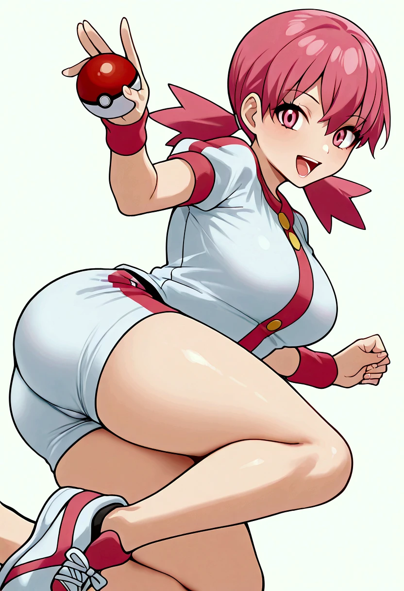 girl, whitney gym leader from pokemon,pink hair, two short pigtails, pink eyes, whitney accurate Outfit, white shorts,bare legs, beauty tights, good shape of buttocks, Pokeball on her hand, smile, open mouth, large breasts, teeth, dynamic pose, dynamic angle, focus on her legs, Milktank's whitney, absurd, perfect, details master pieces,high quality, from the side, feminine, perfect,,sport shoes, sensual