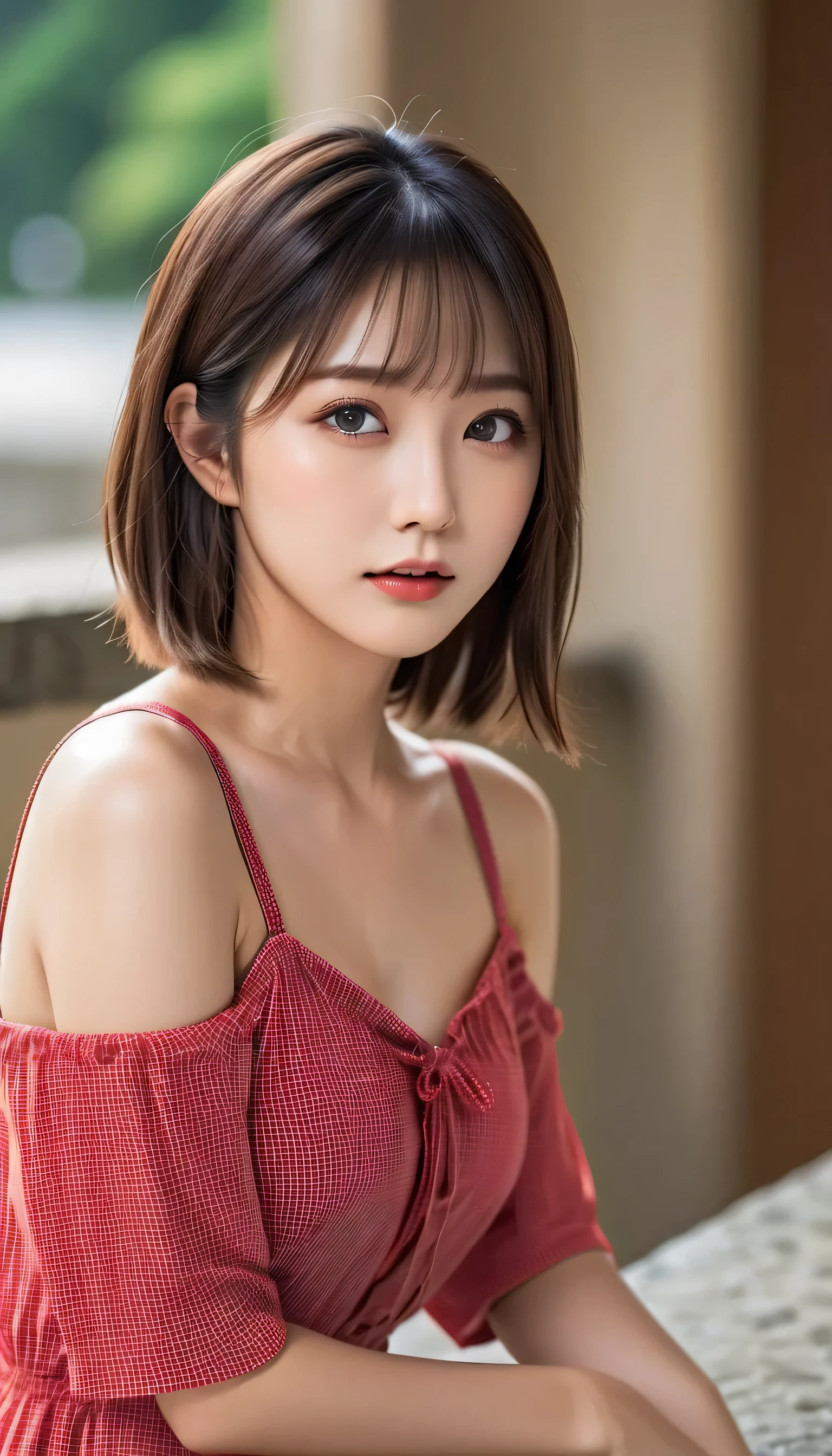  Japanese girl 、knees(reality: 1.4),    Japanese Beauty  、  camisole dress、 Very beautiful big eyes in a chair 、 (  brown eyes)、   has long eyelashes、   detailed face   、( embarrassed face:0.8), (:0.9)、Gloss Lip,  、   staring at the camera 、   serious expression、  Looking Ahead  、   shorthair 、  brown hair、Sea view、  Nogizaka Idol、actress、20 years old、   small breasts、   wet skin、baby face、    moist and realistic skin texture sitting in a chair  、  Damp Belt   、Natural Shadows、 (  clevis on a stone  :1.5), ((( table top,  more details,  in fine detail))), ((( high resolution, 8K wallpaper,  perfect dynamic configuration、No blur)))