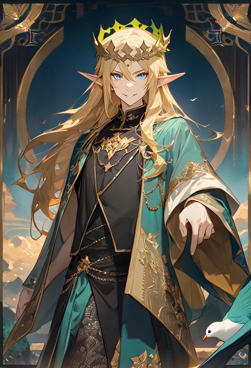 ((masterpiece), (best quality), (8k) ,(4k)) , ((male), (Adult man), (Solo)) ((Elf King)), ((Golden Blond), (Blue greenish eyes), (gold wreath crown), (hair ornament), (long hair), (finely detailed eyes and detailed face)), looking at viewer, ((black sleeveless), (half robe), (patterned clothes), (gold embroidery clothes), (meticulous clothes)), majestic looks, smiling gently, small bird, full body, inspired by Asukaziye artist : ask, art style : ask