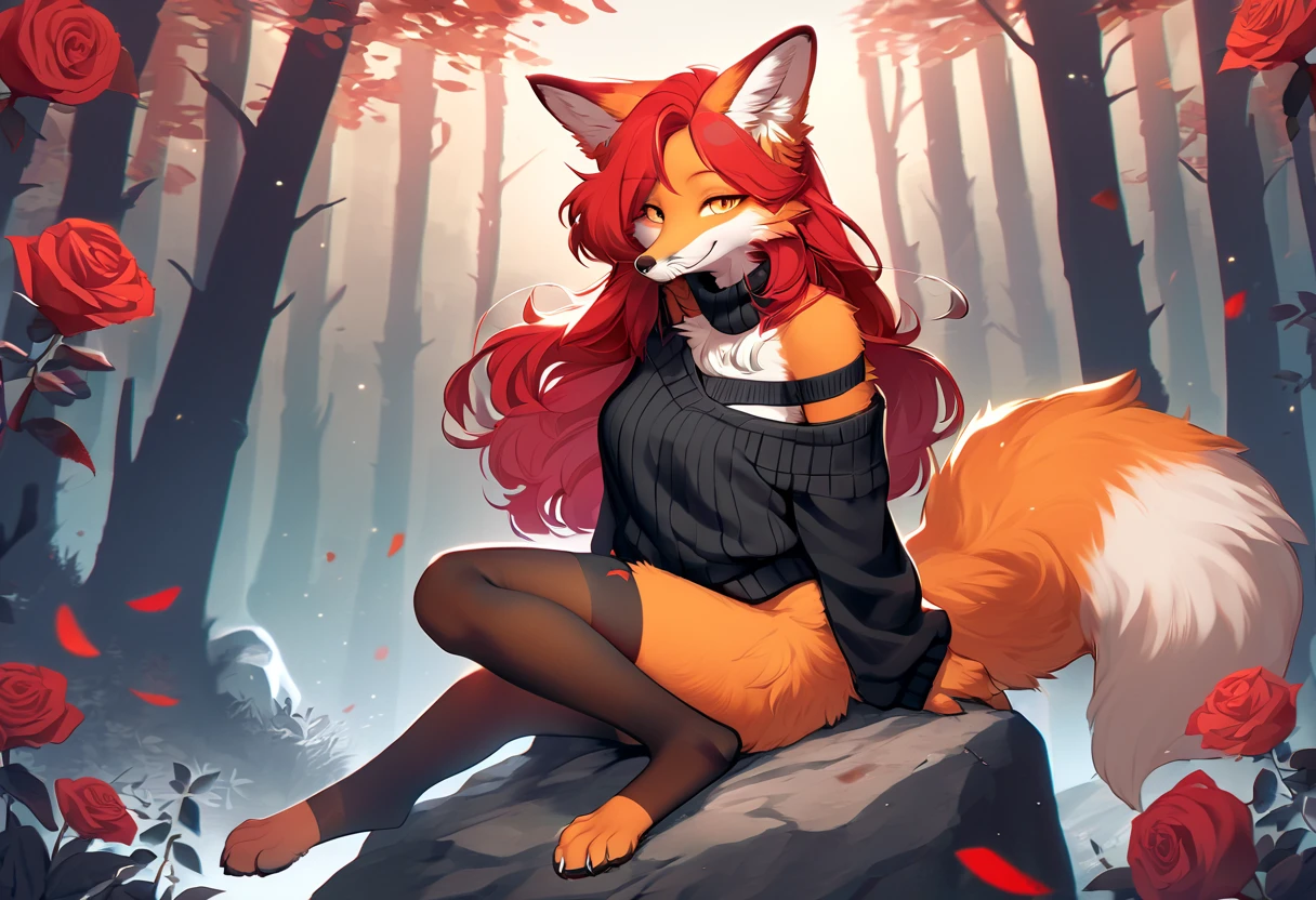 full body、Solo、score_9、 score_8_up、 score_7_up、unpralleled masterpiece、perfect artwork、highres、Elegant、Mysterious、Detailed、 Beautiful、Voluptuous、moody atmosphere、fox、kitsune、cute vixen、anthro、orange fur、(kemono、furry anthro)、(long hair、beautiful hair、dark scarlet red hair)、yellow eyes、(tuft of fur)、(digitigrade、claws、fox paws、exposed feet)、(foxy whiskers)、fluffy tail、(heavily shaded orange body、dark black shading on body)、(light smile、soft smile、smiling cutely)、wearing (Black simple stylish thigh highs、Black crop off shoulder sweater)、(in a forest、boulder、rose)、looking at viewer with adoration、on knees、on a boulder