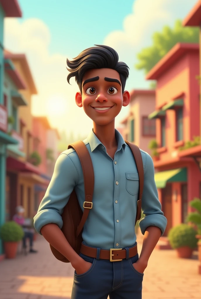 Show a bustling small town in the early morning light, with colorful ...