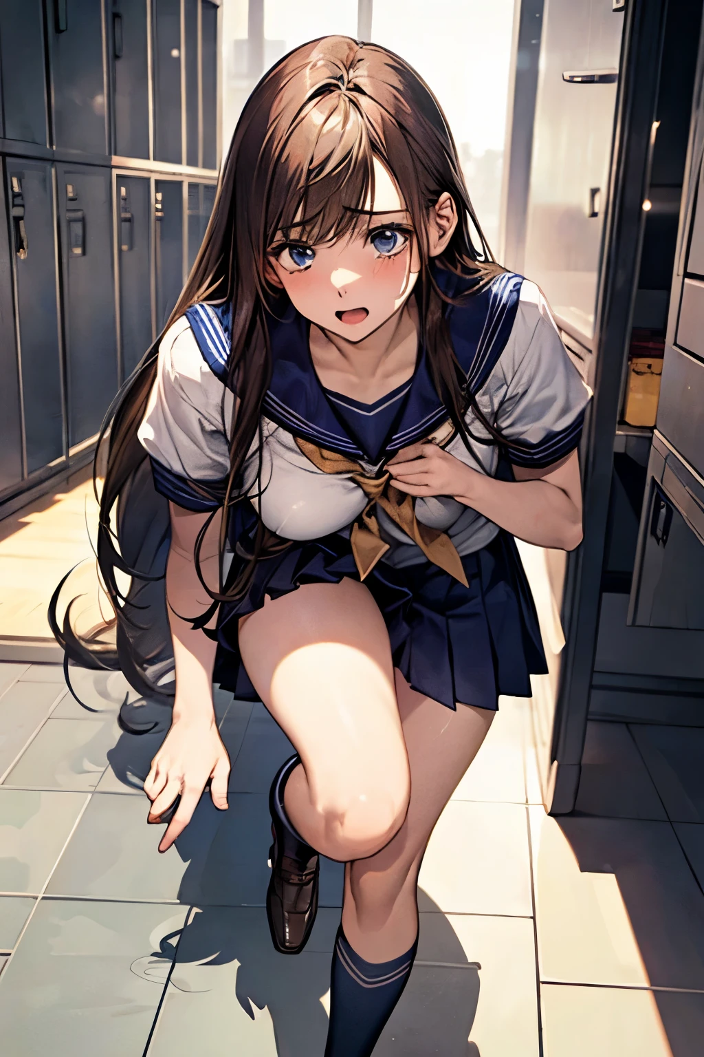 ((( perfect anatomy, anatomically correct, super detailed skin))), 1 girl, Japanese , High School girl, Shiny Skin, Watching the audience, Hair Detail , detailed face , detailed eyes , ( long hair:1.4, straight hair:1.7), split bang:1.5, light brown hair, blue eyes, , mole under eye, beautiful collarbone, beautiful body, Beautiful breasts, Big Breasts:0.5, beautiful thighs , Beautiful Legs, cameltoe, (( detailed cloth texture, Short sleeve, cute sailor uniforms all dark blue, dark blue pleated skirt, dark blue sailor color , Sailor scarf, socks, brown loafers)), seductive thighs , (( embarrassing, [Frightened, tears, open her mouth )), is standing, ((( lean forward), Take off, raise one leg, Light pink panty pull)), ( beautiful scenery), summer, School, locker room, 8k, Top Quality, masterpiece:1.2, very detailed), ( Photorealistic :1.2), beautiful illustration, cinematic lighting,
