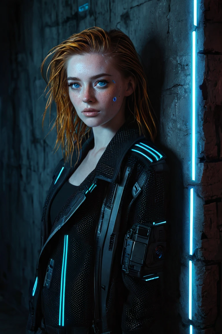  shaggy woman with freckles and blue eyes standing in front of a wall,  realistic cinematic portrait ,  Rendering of an 8k , Realistic face with dark lighting , ultrarealistic cyberpunk art 8k, hyper-realistic  cyberpunk style , 8k soft portrait photo,  8k realistic digital art ,  cyberpunk style  ，  hyperrealistic poses, realistic digital art 4k,  4k realistic digital art 