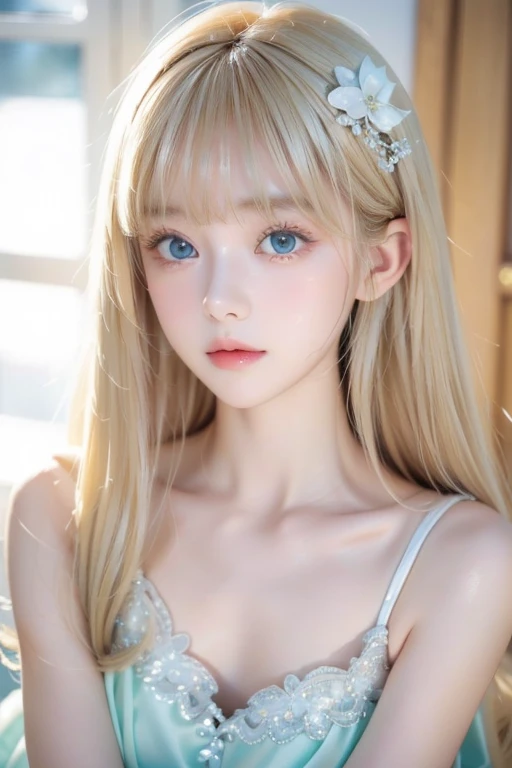 The most beautiful blonde girl in the world 、 very cute innocent young appearance 、 big eyes that shine beautifully and very bright mint light green、Bangs between the eyes、 bangs above eyes 、VERY WHITE BEAUTIFUL SHINY SKIN 、The beauty of a small face、Round face、Bangs that fall on the face、 super long straight silky hair 