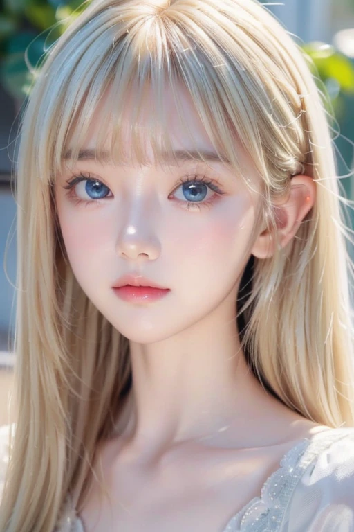 The most beautiful blonde girl in the world 、 very cute innocent young appearance 、 big eyes that shine beautifully and very bright mint light green、Bangs between the eyes、 bangs above eyes 、VERY WHITE BEAUTIFUL SHINY SKIN 、The beauty of a small face、Round face、Bangs that fall on the face、 super long straight silky hair 