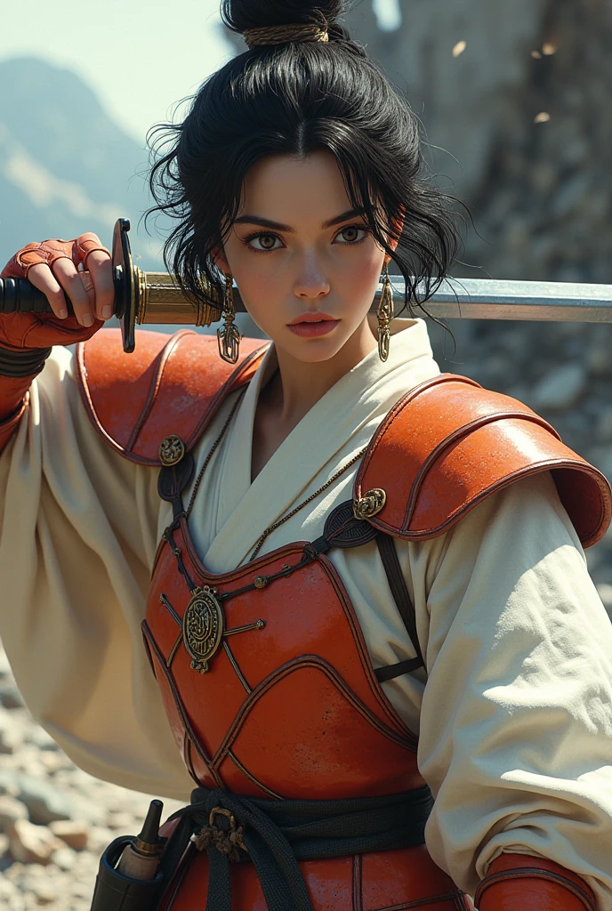 A Japanese female knight, looking forward, dark brown eyes, black choppy curly bangs hairstyles, wearing earrings, menacing face, reddish-orange color armor adorned with jewelry, sword-swinging pose, white robes, conquered fortress background.