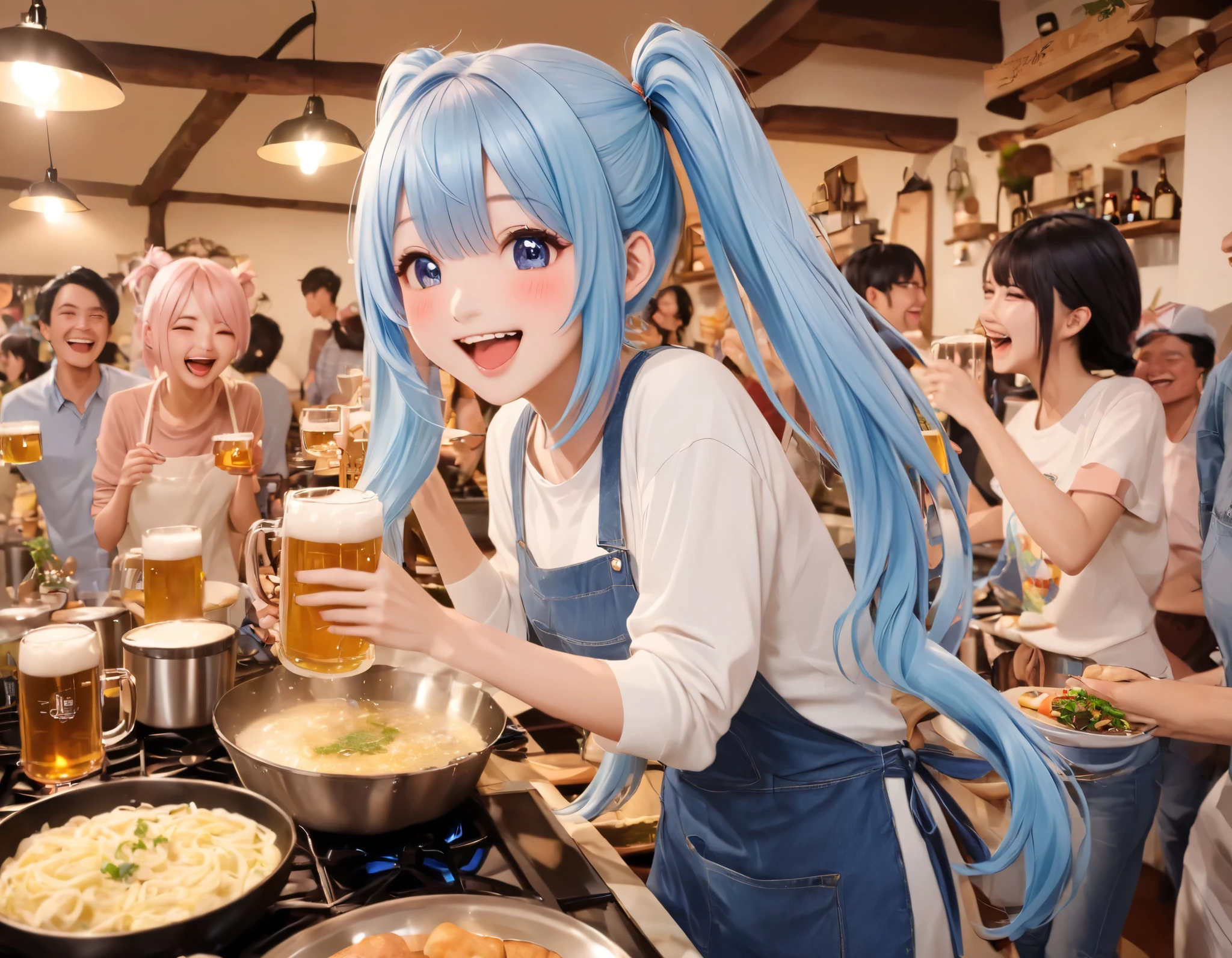 long light blue hair、 cute twin-tailed girl  、smile、  casual clothes、 tall 、 laughing with lots of friends while cooking、 Delicious Meals  、 beer mug tall 々and cheers 