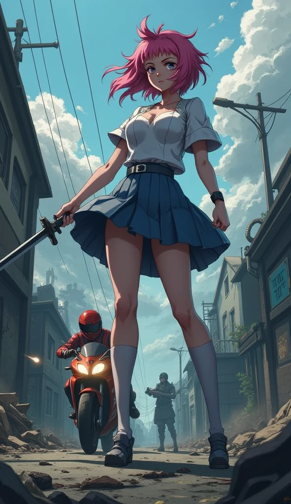  A standing girl holding a katana , pink hair,  white blouse and short Japanese high school sweater , short blue high school skirt , knee-length stockings , pose sexy,  camera angle tilted from bottom to top ,  post-apocalyptic scenario ,  clouds in the sky , a biker with a red helmet and a red motorbike passing sideways with a submachine gun in his hand shooting backwards at some zombies in the background.