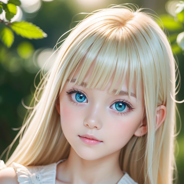 The most beautiful blonde girl in the world 、 very cute innocent young appearance 、 big eyes that shine beautifully and very bright mint light green、Bangs between the eyes、 bangs above eyes 、VERY WHITE BEAUTIFUL SHINY SKIN 、The beauty of a small face、Round face、Bangs that fall on the face、 super long straight silky hair 