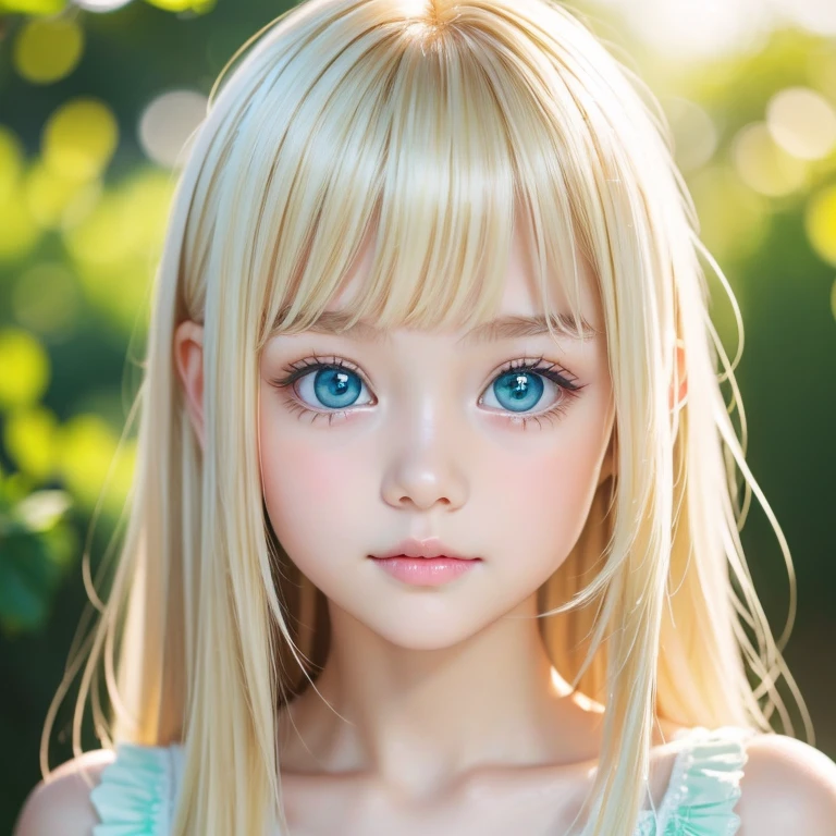 The most beautiful blonde girl in the world 、 very cute innocent young appearance 、 big eyes that shine beautifully and very bright mint light green、Bangs between the eyes、 bangs above eyes 、VERY WHITE BEAUTIFUL SHINY SKIN 、The beauty of a small face、Round face、Bangs that fall on the face、 super long straight silky hair 