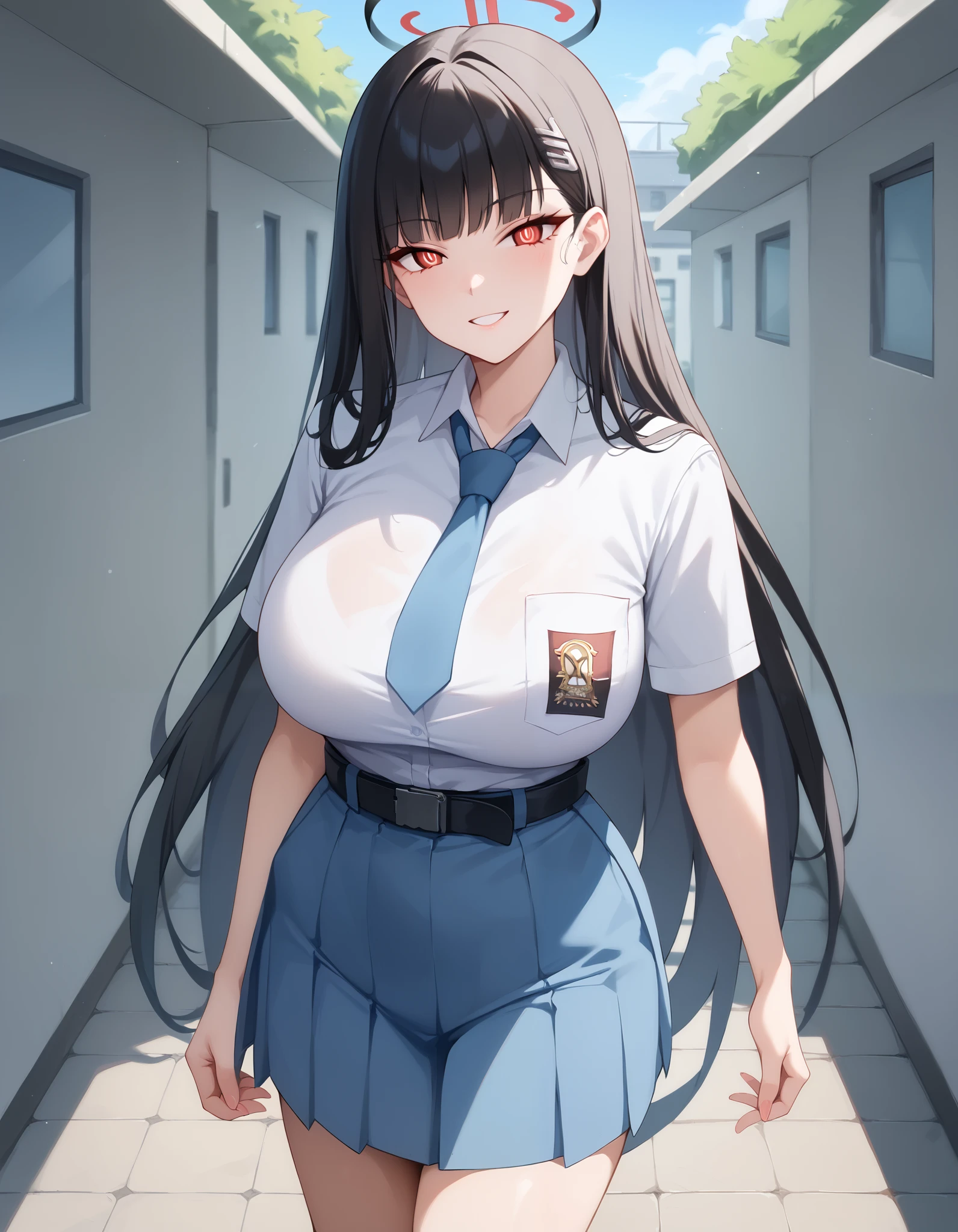 Masterpiece, hd, 1girl, rio, black hair, red eyes, hair ornament, hairclip, halo, long hair, huge breasts, Indonesia high school uniform, wearing white collared shirt, short sleeves, light blue skirt, pleated skirt, light blue neck tie, pocket, school logo on pocket, wearing black belt , Standing, potrait photo, looking at viewer, smile, outdoor, school background