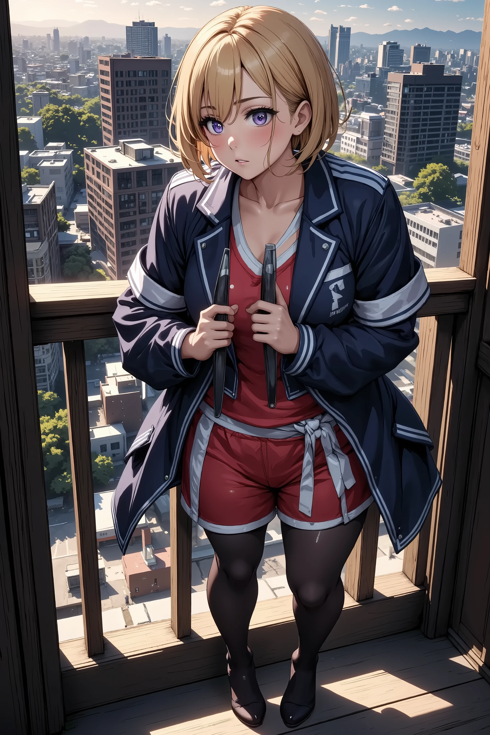 An Kunoichi overlooking the town, Japanese Knife, Sengoku Warlord Armor, glossy brown skin, small breasts, video, yellow hair, inviting, top quality, textured skin, thin legs, high heels, movie light effect, Mountain top, Big city night view 