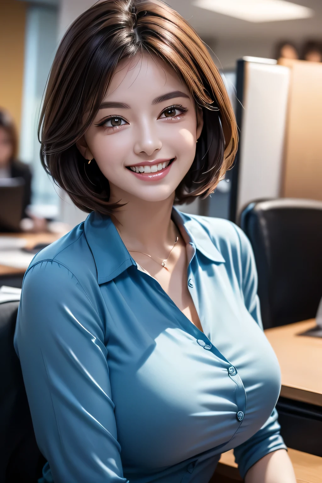 ((  masterpiece )), ((   top quality)), ((16k)), ((   surreal)), (( realistic)), (  mature), ((no classes )),    very detailed , ( 1 Woman ), Beautiful and exquisite, (Beautiful Teeth), grin,  brunette pixie cut,    brown eyes  , (( blue blouse )), (   upper body), (( office)),    perfect eyes, amazing eyes,   Look at the audience with your body facing forward 