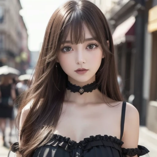 One Girl, (A beauty girl, Delicate girl:1.3), (:1.3), break, (Gothicta, Frills, race:1.3), break, Very fine grain definition, (Symmetrical eyes:1.3), break, (Street view:1.3), break, Small breasts, Brown eyes, Parted bangs, Brown Hair, , break, (Eye and facial details:1.0), break, (masterpiece, Highest quality, Super detailed, Detailed face, 8k)