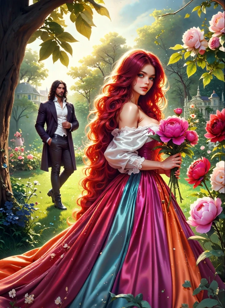  Glossing full-waist Full-body digital realistic illustration . A beautiful 18-year-old flirting woman in a contrasting bright colorful organza and satin satin dress with SHINY STRAIGHT red hair is standing on the grass, holding flowers in his hands. A handsome BRUTAL SEXY man with long black hair looks at her, in a white shirt ,pants and boots , he holds flowers in his hand.  Victorian garden with peonies , england pemberly-manor-palace .  Sunlight illuminates every blade of grass ,leaf, flower. BRIGHT,textural, three-dimensional , bright rich complementary colors .  flowing hair .textural.  correct anatomy proportions .right hands .  Model beautiful faces . The overall color palette is creating a vivid and haunting visual experience. The illustration is rich in detail, with textures that mimic real fabric and stone, enhancing the realism of the scene.
