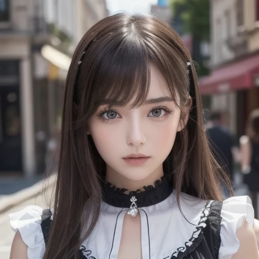 One Girl, (A beauty girl, Delicate girl:1.3), (:1.3), break, (Gothicta, Frills, race:1.3), break, Very fine grain definition, (Symmetrical eyes:1.3), break, (Street view:1.3), break, Small breasts, Brown eyes, Parted bangs, Brown Hair, , break, (Eye and facial details:1.0), break, (masterpiece, Highest quality, Super detailed, Detailed face, 8k)