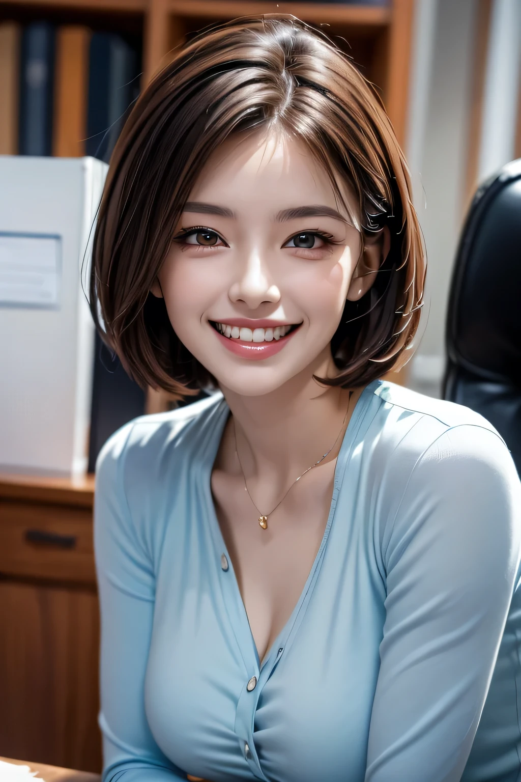 ((  masterpiece )), ((   top quality)), ((16k)), ((   surreal)), (( realistic)), (  mature), ((no classes )),    very detailed , ( 1 Woman ), Beautiful and exquisite, (Beautiful Teeth), grin,  brunette pixie cut,    brown eyes  , (( blue blouse )), (   upper body), (( office)),    perfect eyes, amazing eyes,   Look at the audience with your body facing forward 