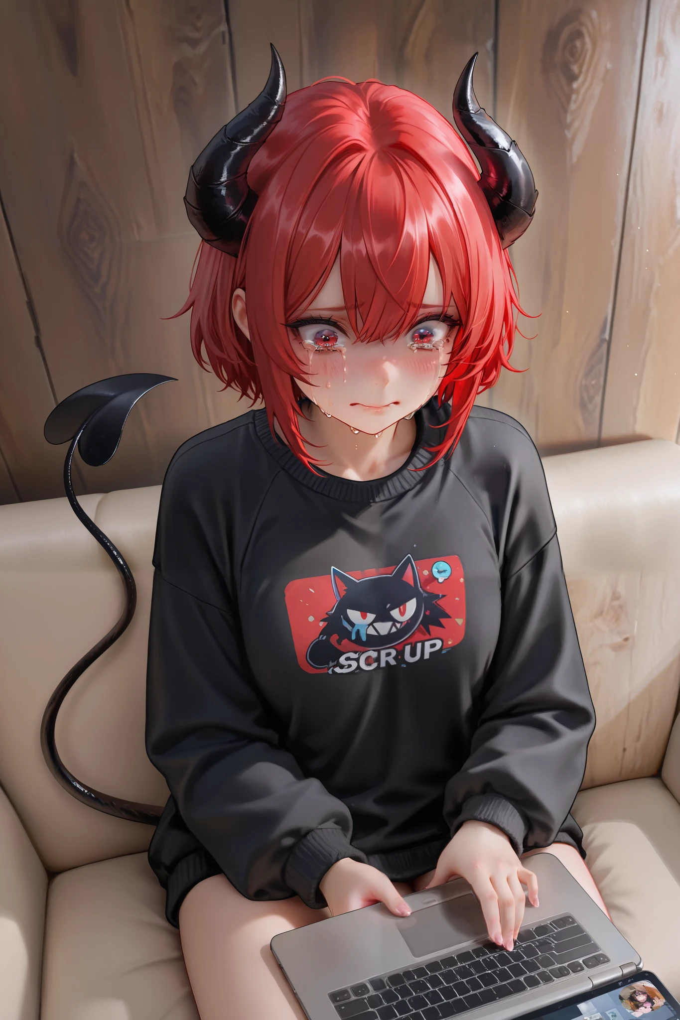 masterpiece, best quality, Detailed Eyes, semi realistic, 8k, girl, very tiny and black horns, devil tail, black eye, red short hair, black sweater, dolphin short, sitting on sofa, hikikomori, holding laptop, clumsy, sorryful emotion, solo character, wood wall, tear, crying, ashamed