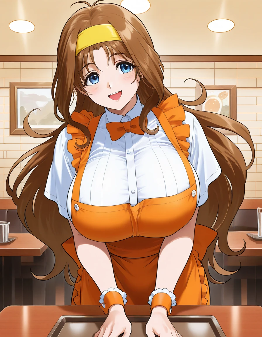  general , high resolution,  ultra detail, VERY ESTHETIC , top quality ,best hands,  break Kokubo_Reika _,  brown hair,  long hair,  blue eyes, huge breasts,  One Girl , Alone,  hair band ,  waitress , bow, smile,   orange apron, break,
  restaurant , room,  happy , restaurant のテーブルを布巾で拭いている、Focus on the butt 、 taken from behind