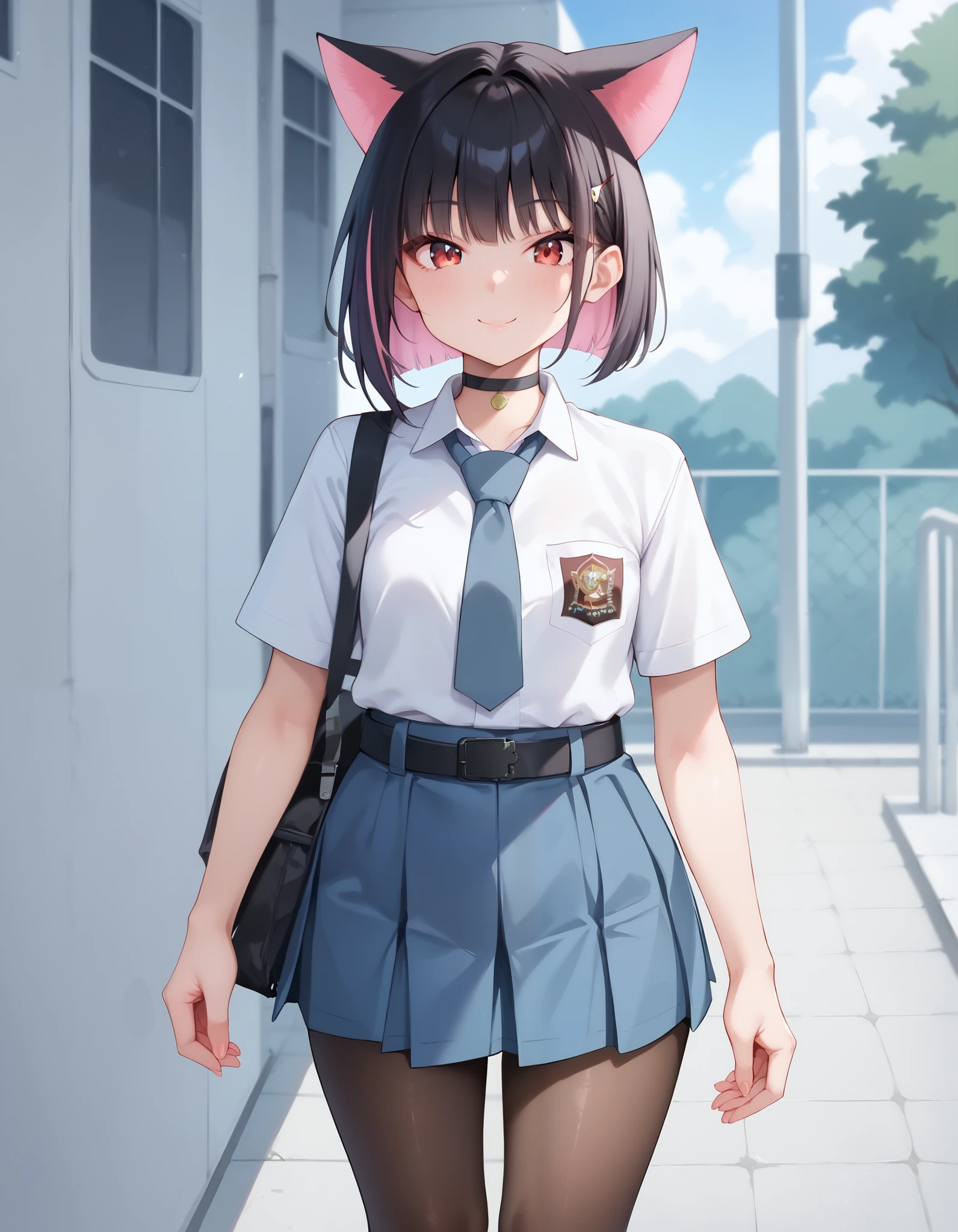 Masterpiece, hd, 1girl, KazusaSDXL,1girl,short hair,skirt,black hair,hair ornament,red eyes,long sleeves,animal ears,jacket,pink hair,pantyhose,sidelocks,pleated skirt,choker,hairclip,cat ears,hood, Indonesia high school uniform, wearing white collared shirt, short sleeves, light blue skirt, pleated skirt, light blue neck tie, pocket, school logo on pocket, wearing black belt , Standing, potrait photo, looking at viewer, smile, outdoor, school background