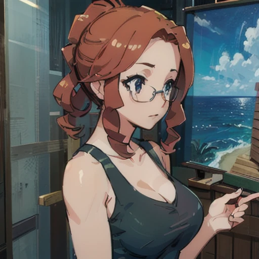 (Masterpiece: 1.0), Best quality, 1girl, large breasts, tank top, side locks, detailed face, upper body view, glasses, cetus,coda,ocean, oil painting