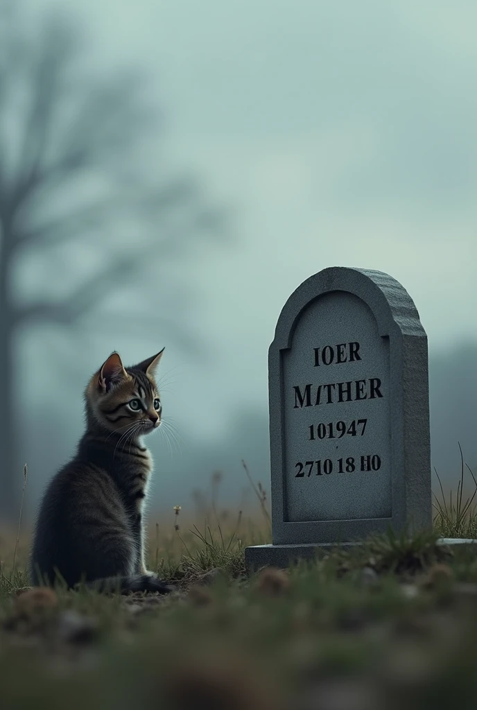 A fifteen-year-old boy buries his pet cat and cries beside the grave with a photo of the dead cat in his hand, and the dead cat's spirit stands behind him and tries to comfort him.