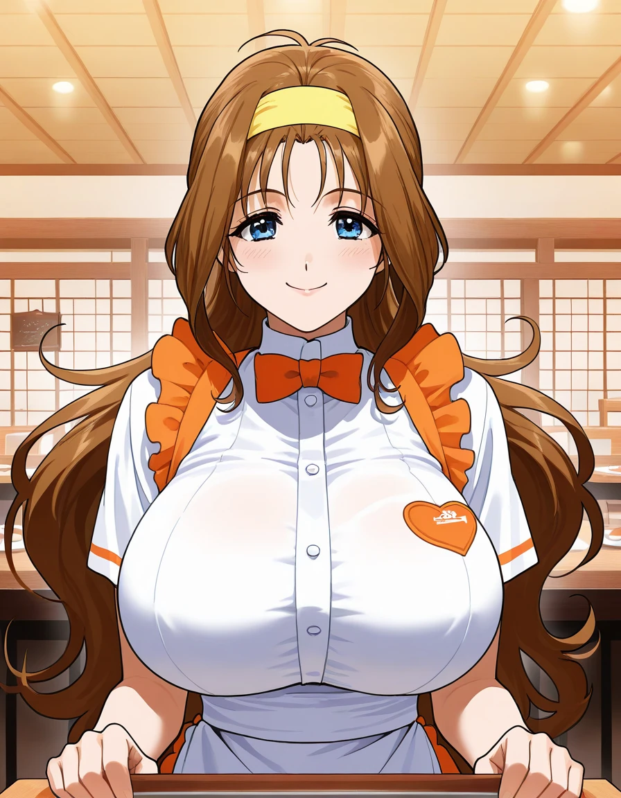  general , high resolution,  ultra detail, VERY ESTHETIC , top quality ,best hands,  break Kokubo_Reika _,  brown hair,  long hair,  blue eyes, huge breasts,  One Girl , Alone,  hair band ,  waitress , bow, smile,   orange apron, break,
  restaurant , room,  happy , restaurant のテーブルを布巾で拭いている、 focus on butt 、 from behind