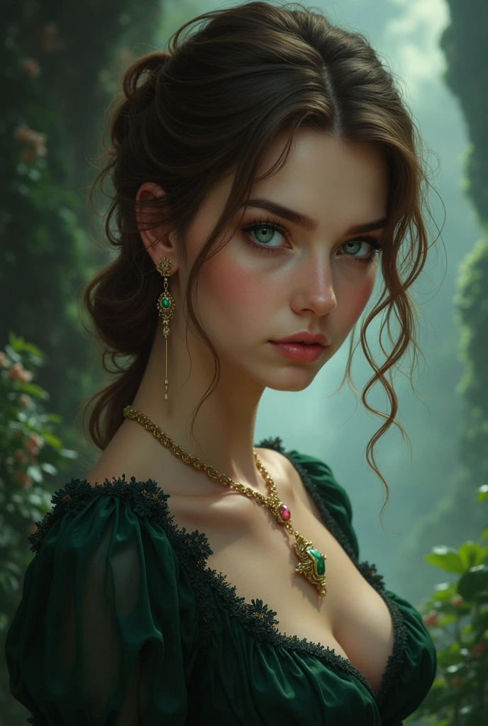 Best Quality, masterpiece, ultra high resolution, (reality: 1.4), Photo original, 1 girl, green eyes, off the shoulders, cinematic lighting