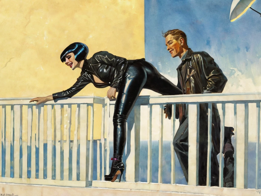 A thief in a black silk bodysuit with baggy black cargo pants and a black leather jacket balances on the railing of a balcony on one foot. She has an umbrella in one hand, and a raygun in the other. She is wearing a rakish smile as she talks to a man who looks at her warily. Pulp science fiction style, watercolor, raypunk, cyberpunk, by Norman Saunders, by Chris Foss , (clear lines:1), by Simon Stålenhag, by Virgil Finlay, by H.R. Geiger, face restoration. (simple background :1.5) crisp vibrant detailed soft painterly digital art, volumetric lighting, natural lighting, realistic lighting, vibrant colors, crisp oil painting, painterly realism, depth of field, subtle soft details, vivid, fresh, striking, by darkgem, by anhes, by dagasi, by atey ghailan, by MilletGustave, by Curbet, by Charlie Bowater, lol art. vintage pulp art, by Earle K. Bergey, by Kelly Freas, by Alex Schomburg, by H. J. Ward, glossy pulp art, Amazing Stories, Weird Tales, 8k, high resolution, best quality