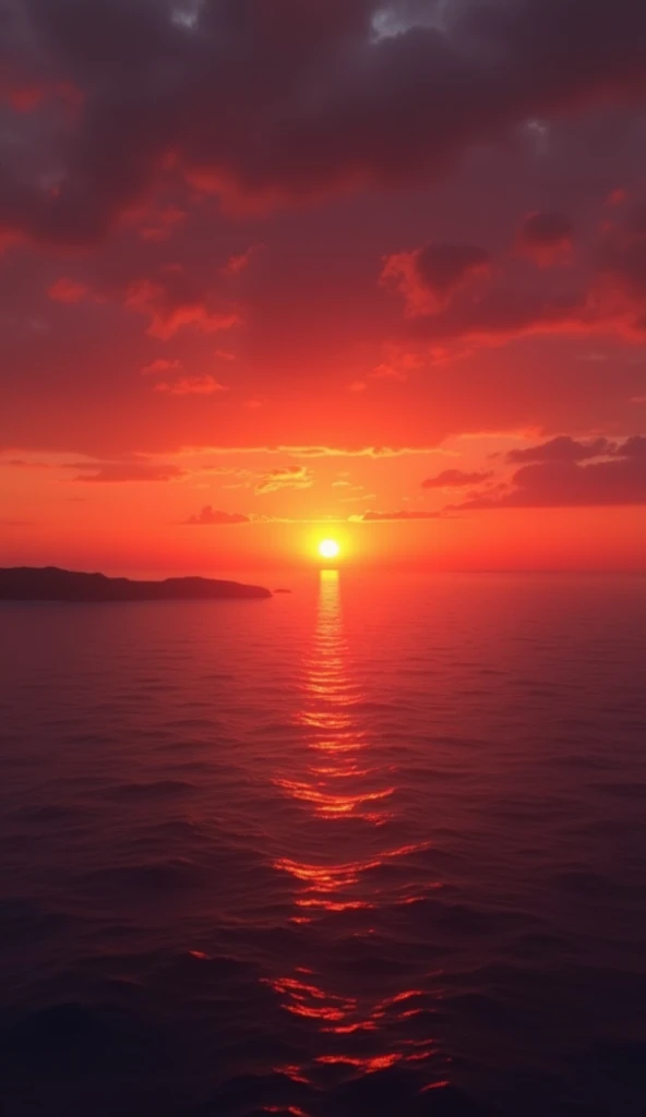 Create an image of a sunset sky spilling deep crimson wine, washed with streaks of gold as the day exhales its final breath. The horizon catches fire with soft, warm hues—amber glowing and tinged with violet—creating a peaceful, tranquil scene. Shadows stretch lazily across the earth as the sun sinks, its light soft and quiet, as though settling into bed. The sky should appear like a gentle embrace, with no rush, only the slow dance of color bleeding into the dark. The atmosphere is calm, serene, and peaceful, as if the world is wrapped in a warm, soothing lullaby. The colors should deepen, with the sky becoming a tranquil, peaceful hue, symbolizing rest and quiet serenity