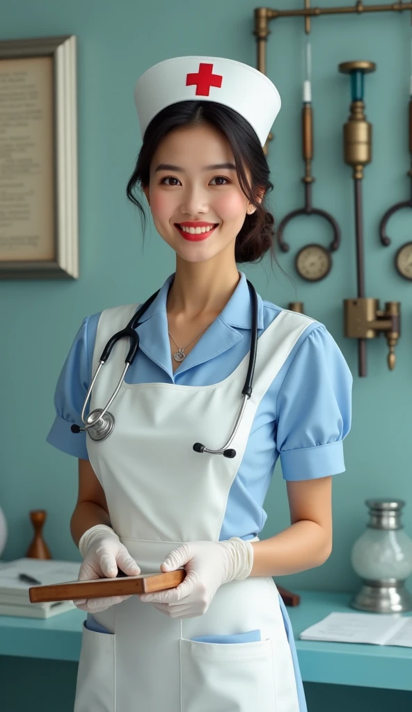 full shot body photo of the most beautiful artwork in the world featuring ww2 nurse holding a liquor bottle sitting on a desk nearby, smiling, freckles, white outfit, nostalgia, sexy, stethoscope, heart professional majestic oil painting by Ed Blinkey, Atey Ghailan, Studio Ghibli, by Jeremy Mann, Greg Manchess, Antonio Moro, trending on ArtStation, trending on CGSociety, Intricate, High Detail, Sharp focus, dramatic, photorealistic painting art by midjourney and greg rutkowski