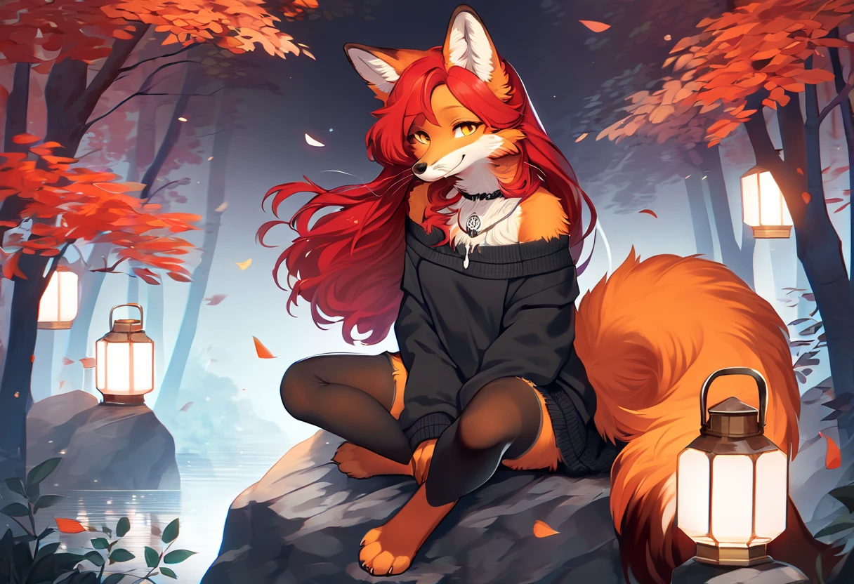 full body、Solo、score_9、 score_8_up、 score_7_up、unpralleled masterpiece、perfect artwork、highres、Elegant、Mysterious、Detailed、 Beautiful、Voluptuous、moody atmosphere、fox、kitsune、cute vixen、anthro、orange fur、(kemono、furry anthro)、(long hair、beautiful hair、dark scarlet red hair)、yellow eyes、(tuft of fur)、(digitigrade、claws、fox paws、exposed feet)、(foxy whiskers)、fluffy tail、(heavily shaded orange body、dark black shading on body)、(light smile、soft smile、smiling cutely)、wearing (Black simple stylish thigh highs、Black crop off shoulder sweater、beautiful simple necklace)、(in a forest、boulder、lantern)、looking at viewer with adoration、on knees、on a boulder