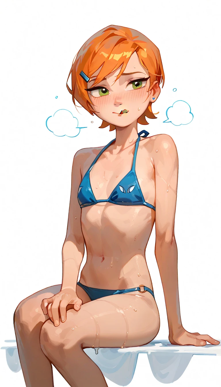 1 girl, masterpiece, best quality, highres, ro1, Misty from pokemon, hair bun, blue eyes, perfect body, sexy body, small ponytail on the side, standing, grabbing her own arm, embarrassed expression, head tilted down, eyes looking up at viewer, (sparkle:1.1), orange hair, medium breasts, 3/4 body view, outdoors, swimming pool, nude, naked, blushing