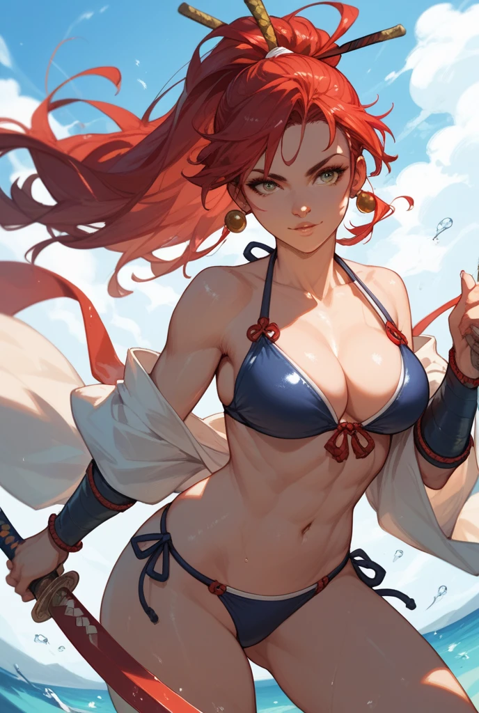 (1 girl), (Nilou from Genshin Impact), with a straight haircut, big and expressive eyes, (wearing a very short and sensual bikini), (wearing blue nail polish on her hands and blue nail polish with pink on her feet), ( (( slim, muscular legs))), blue eyes, (((nilou))), red hair, long, mesmerizing hair, medium breasts, (muscular belly), wide hips, slim waist, big ass, perfect feet with toes very fine detailed, Perfect hands and fingers very well detailed, toenails a little square, standing, bare feet, full body photo, on the beach, at night with starry sky and full moon in the sky, bad mood, reflection in the eye , glowing eyes , Sulking, anime, anime style, Cinematic lighting, ray tracing, Panorama, Sony FE, high definition, artwork, anatomically correct, Textured skin, super detail, high quality, high resolution, high definition, 16k Consume