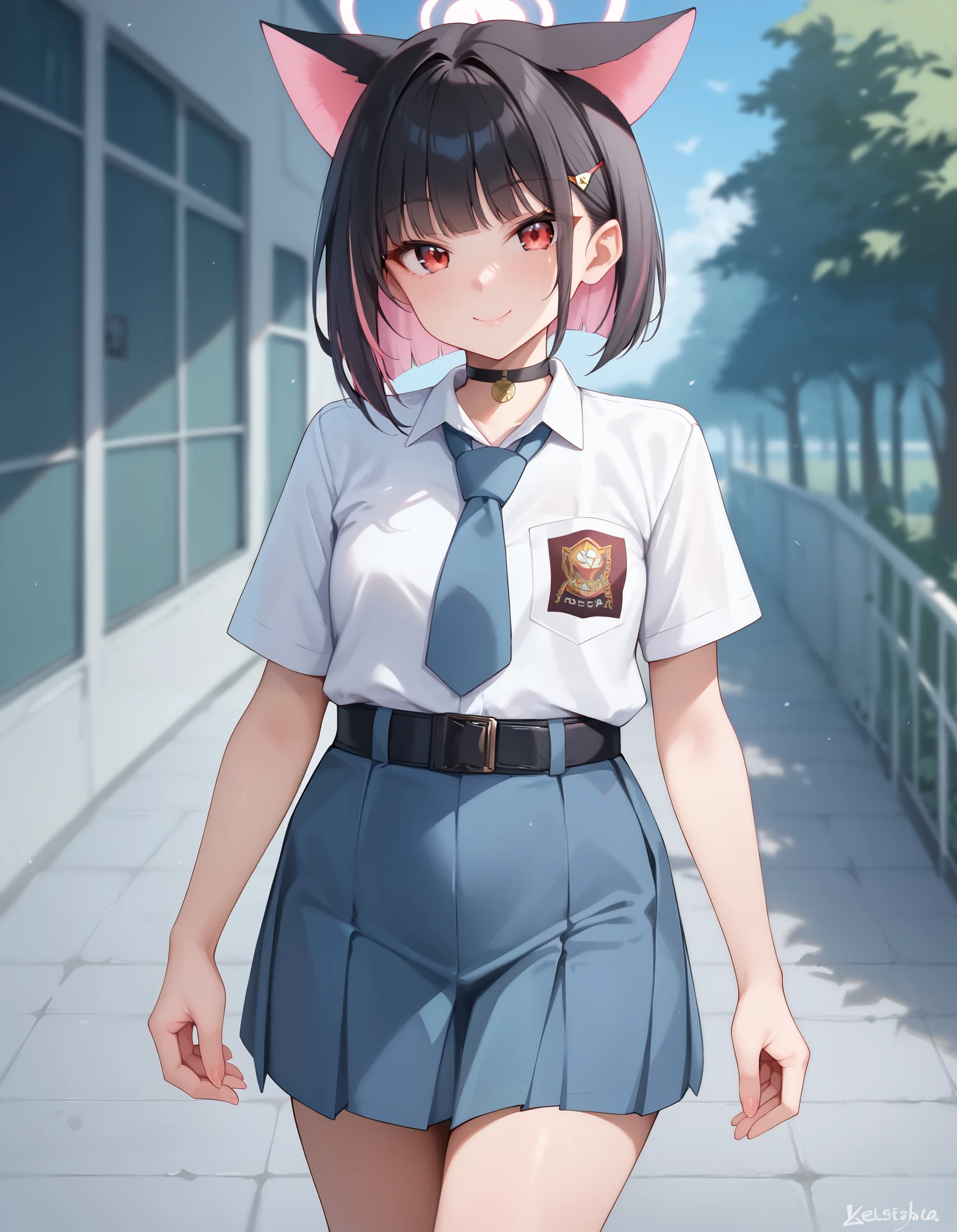 Masterpiece, hd, 1girl, KazusaSDXL,1girl,short hair,skirt,black hair,hair ornament,red eyes,long sleeves,animal ears, pink hair, halo,sidelocks,pleated skirt,choker,hairclip,cat ears, Indonesia high school uniform, wearing white collared shirt, short sleeves, light blue skirt, pleated skirt, light blue neck tie, pocket, school logo on pocket, wearing black belt , Standing, potrait photo, looking at viewer, smile, outdoor, school background