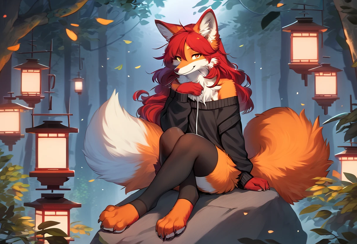 full body、Solo、score_9、 score_8_up、 score_7_up、unpralleled masterpiece、perfect artwork、highres、Elegant、Mysterious、Detailed、 Beautiful、Voluptuous、moody atmosphere、fox、kitsune、cute vixen、anthro、orange fur、(kemono、furry anthro)、(long hair、beautiful hair、dark scarlet red hair)、yellow eyes、(tuft of fur)、(digitigrade、claws、fox paws、exposed feet)、(foxy whiskers)、fluffy tail、(heavily shaded orange body、dark black shading on body)、(light smile、soft smile、smiling cutely)、wearing (Black simple stylish thigh highs、Black crop off shoulder sweater)、(in a forest、boulder)、looking at viewer with adoration、sitting on a boulder