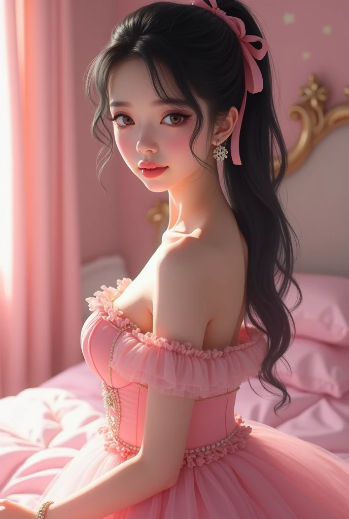 (Photorealistic: 1.4), Masterpiece, 超高分辨率, RAW photo, Best quality, (smiling with teeth: 10.0), (Sexy: 1.4), RAW photo, Beautiful Japanese wife(Small face: 3.0),Lying on her back in bed, (Cute: 3.0), (Blush pink: 3.0), (Sagged Eyes: 5.0), (Large, Round eyes: 3.0), (Moisturized Eyes: 3.0), ( Upper eye on camera: 3.0), Figure-of-eight,Double eyebrows, Fair skin after makeup, Short hair, Masterpiece, Best quality, Waterfront, banquet, 1 woman, Mature woman, elegant, Chinese style, Ancient China, sister, Royal Sister, cheerfulness, Meatball heads, Light brown hair, Pink eyes, Gorgeous headdress, Light pink lips, Pink clothes, Yarn-like clothing, Intellectual, Full bangs, Flat bangs, Flower bulbs, Face delicate,updo(Enrich the picture,Masterpiece level quality)Beautiful 8K CG artwork,Goddess-like posture,Kneeling exercise,Slim and soft,Translucent skin,brunette color hair、Medium-long hair and messy hair blend beautifully,The skin is fair and juicy,Big breasts uniform,Perspective Part 1.2x enhanced silhouette effect,Pajamas are delicate and transparent,The details are intricate and exquisite,The background is slightly blurred,Charming and lustful leg seduction,(Lying on her back in bed:2.0),03