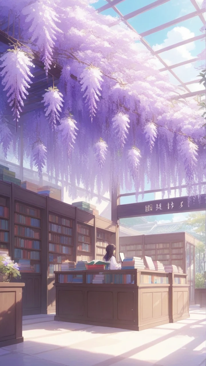 A bookstore with the theme of wisteria flowers。Lots of books。 Fantastic。 beautiful。 gentle vibe 