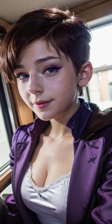 1 white tomboy european girl, short Butterfly Cut hair, purple hair, messy hair, big eyelashes, show the whole body, perfect bright blue eyes, 8k photo, tattoos, slim body, realistic,, arm full of tattoos, oiled up body, high details, soap foam, cute face, teen girl, slander, best quality, photorealistic, topless, perfect eyes, tomboy skinny, freckles, fringes, tomboy, looking up, bow tie, smiling, red lips, red lipsticks, sitting on stairs, stockings and high heels